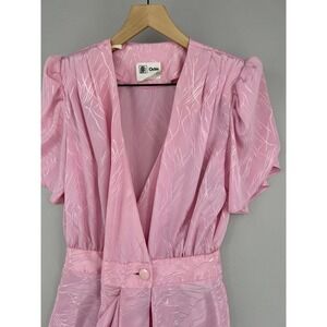 Vintage Orite Pink Jacquard V-Neck Wrap Midi Dress Puff Sleeve Womens Size 11/12
